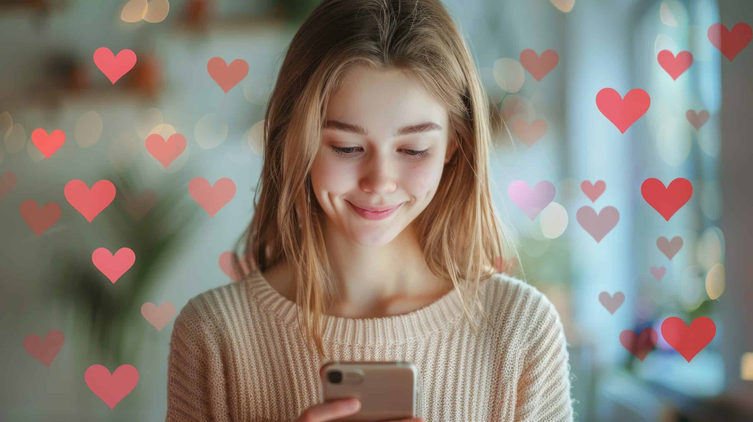 Une belle jeune fille souriante reçoit des likes sur les réseaux sociaux. Blogueuse populaire et réussie. Concept d'approbation sociale. Vie virtuelle. Icônes de cœur autour d'une influenceuse. Utilisatrice d'Instagram