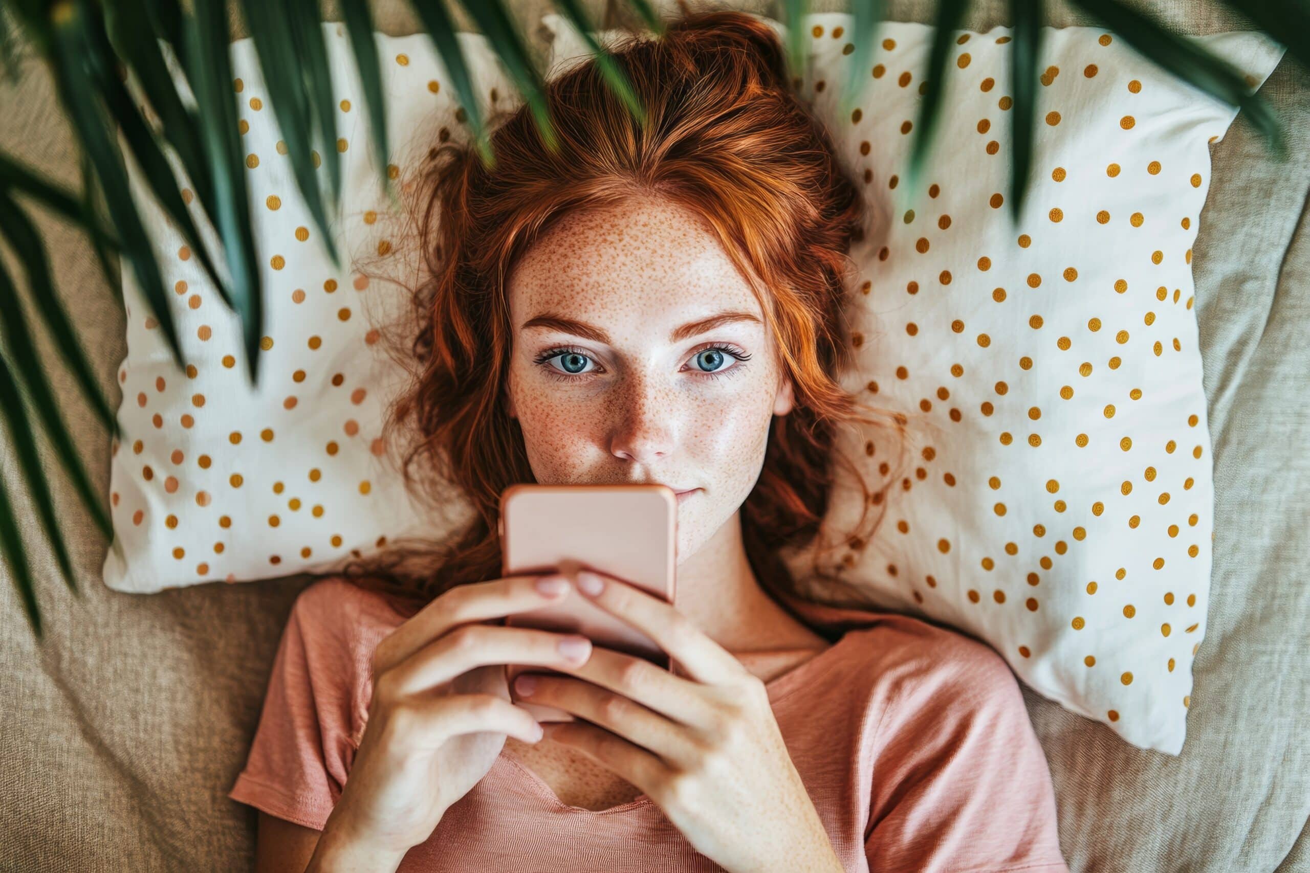 On her couch, a young woman looks into her nnew likes on instagram.